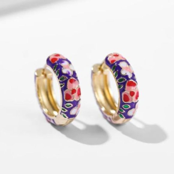 Retro Boho Enamel Flower Huggie Hoop Earrings Purple - Picture 9 of 12